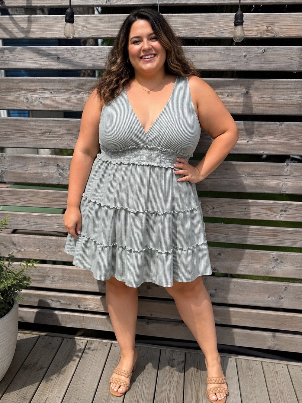 American Eagle Outfitters Sage Green Smocked Tiered V-Neck Mini Dress